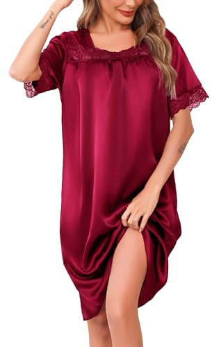 Lovasy Satin Nightdress for Women UK Silk Nighties for Women Ladies Short Sleeve Lace Trim Satin Night Dress Nighty Nightwear,Purplish Red,M