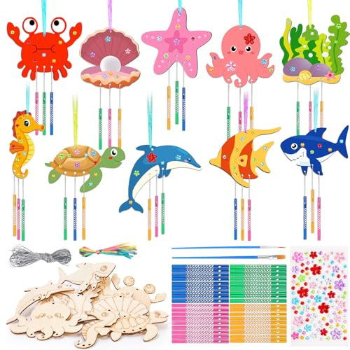 OOTSR 10 Carillons à Vent Animaux Marins en Bois DIY, Activité Manuelle Bricolage Enfants pour Décoration d'Été, Cadeau Créatif pour Anniversaires et Projets Scolaires