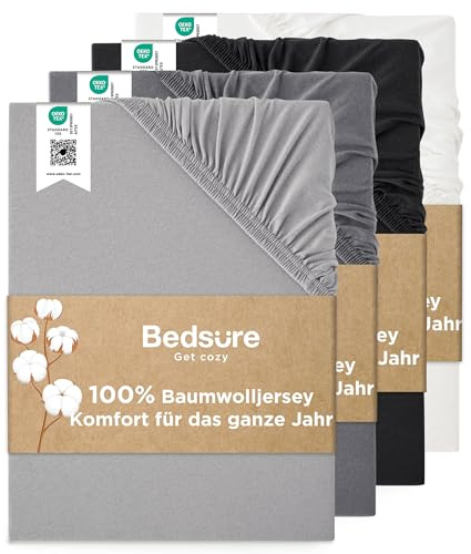 Bedsure Påslakan 140 x 200 cm bomull jersey - 40 cm mössa, grå, Oeko-TEX | Bäddlakan för 2 personer för hög madrass och boxfjäder, 100 % bomull, mjuk och andas, elastiska hörn, maskintvättbar