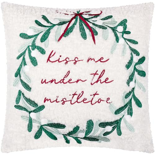 furn. Mistletoe Wreath Cushion Cover – Bouclé Embroidered Christmas Mistletoe Case with Velvet Reverse (Multicolour - 45x45cm)