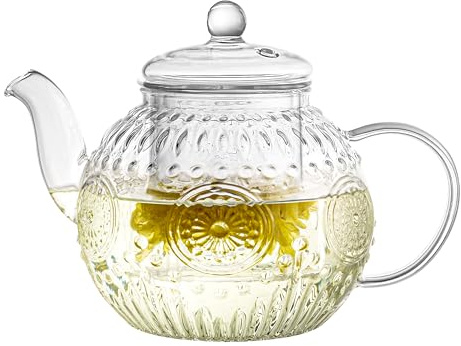 Bandesun Vintage Glass Teapot, Tea Kettle with Removable Infuser 32OZ/1000ml, Borosilicate Glass Pot -Stovetop Safe, Blooming & Loose Leaf Tea Maker Set