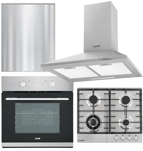 Baridi Kitchen Appliance Bundle 60cm, Integrated Fan-Assisted Oven, Stainless Steel Gas Hob, Chimney Cooker Hood & Stainless Steel Splashback – DH390