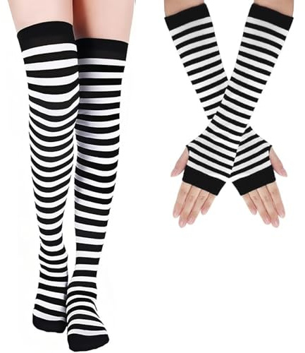 CERCTLA Thigh High Socks Fingerless Gloves Set, Stretchy Knitted Striped Socks with Fingerless Gloves, Long Sock for Women Girls Arm Leg Warmer, Office Typing Computer