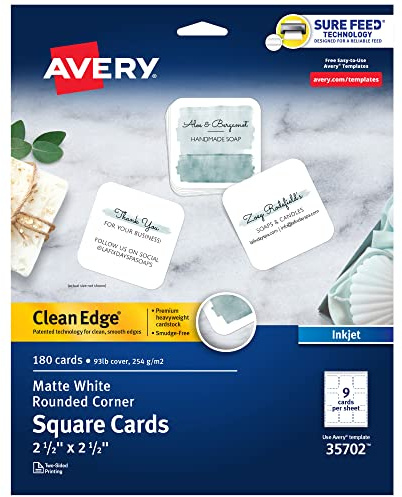 Avery Clean Edge Printable Square Cards, Sure Feed Technology, Rounded Corners, 2.5 x 2.5, Matte White, Inkjet Printer Compatible, 180 Blank Cards Total (35702)
