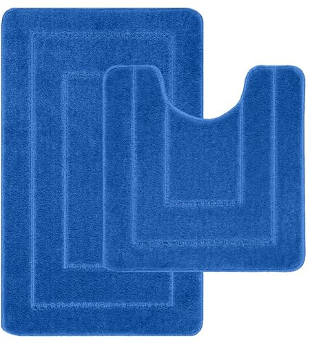 LifeStyle Comfort Ltd Ichra rutschfeste Badematte, extra weich, wasserabsorbierend, 100% Polypropylen, waschbar, WC-Vorleger, Duschvorleger, Badezimmerteppich für WC, 2 Stück, Blau
