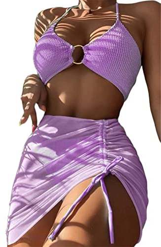 ORANDESIGNE Ensembles Maillots Trois Pièces Femme Bikini Push Up Halter Maillot 3 Pièces Bandage Réglable Maillot de Bain Taille Basse Bas de Bikini Jupe Plage A Violet XL