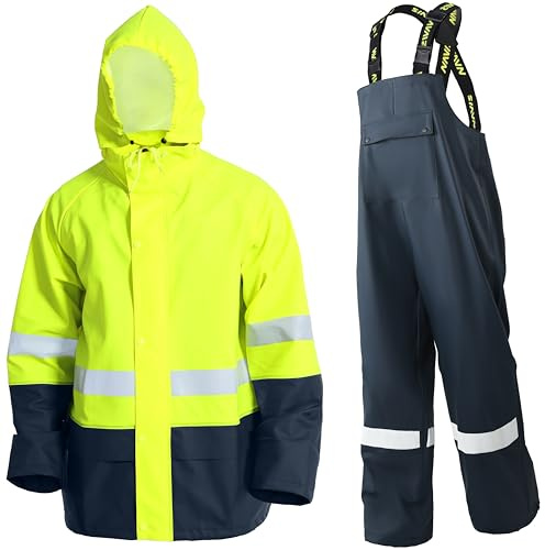 Navis marin regndräkt för män slitstark arbetskläder vattentät jacka med byxor 3 delar, Acid Lime - Reflekterande - 2, XXL