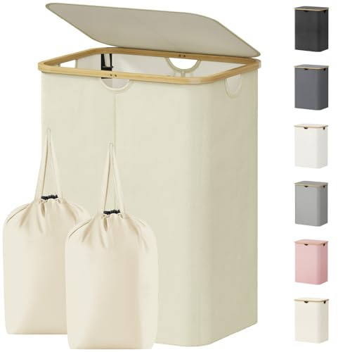 Lifewit 150L Double Laundry Basket with Lid, 2 Removable Bags, Cream White | Large Foldable Washing Basket with Bamboo Handles, Dirty Clothes Bin for Bedroom, Bathroom, Dorm and Laundry Room