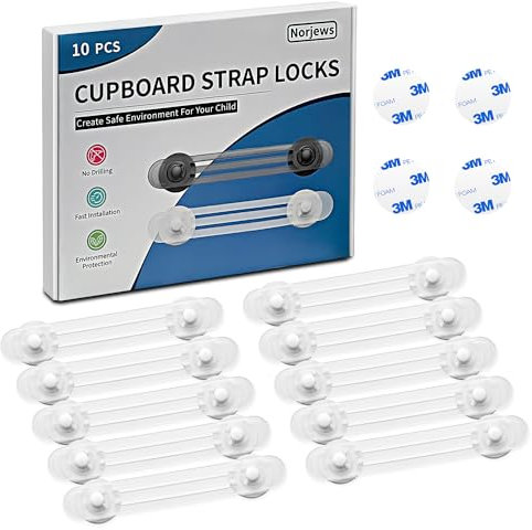 Norjews 10x Schubladensicherung Transparent, Kindersicherung für Schrank und Schubladen zum kleben, Schranksicherung für Baby und Kind, Babysicherheit Schrankschloss ohne Bohren - Weiß