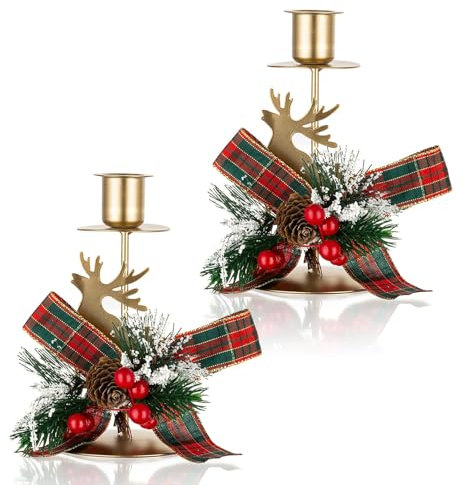 Romadedi Hirsch Kerzenständer Weihnachten Deko - 2er Set Vintage Rentier Kerzenhalter für Tischdeko Dekoration Adventskranz Landhausstil Tisch Weihnachtsdeko Weihnachts Geschenk Herbst, Gold
