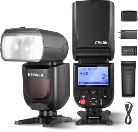 NEEWER Z760-S TTL Blitzlicht Speedlite kompatibel mit Sony, 76Ws GN60 2,4G 1/8000s HSS Blitzgeräte, TCM Konvertierung, 7,4V/2600mAh Lithium Akku Ladegerät Set, 480 Blitz mit voller Leistun