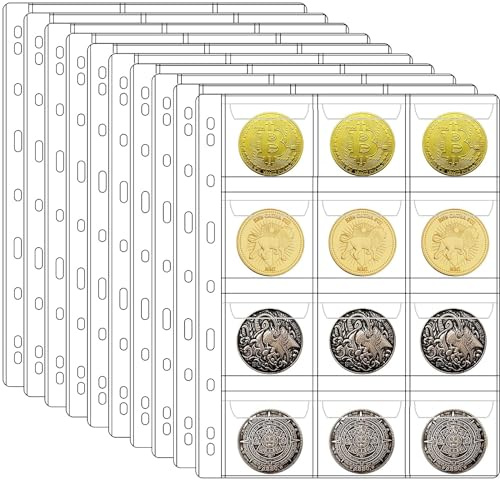 10 Sheets Coin Collection Pages, Coins Pocket Page with 120 Pockets, Coin Binder Inserts Sleeves with Standard 9 Hole for Coin Album. Storage Holder for Currency, Stamp and Other Supplies (12-Pocket)