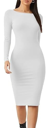 P&R DANCEWEAR LTD Vestido ajustado de manga larga para mujer, elegante vestido de cuello redondo para verano, casual, noche, fiesta y uso diario, blanco, S-M