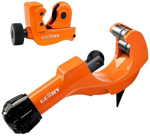 Kerry 2PCS Tubing Cutter Set, 1/5-2 Heavy Duty Pipe Cutter with Deburring Tool, 1/8-7/8 Mini Tube Cutter, Aluminum Body GCR15 Blades Cut Aluminum, Thin Stainless Steel, Copper, Plastic Pipes