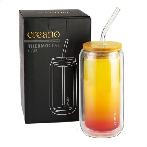 Creano Vaso de doble pared con tapa de bambú y pajita 360 ml – Vaso para batidos – Bubble Tea – Copa de cóctel
