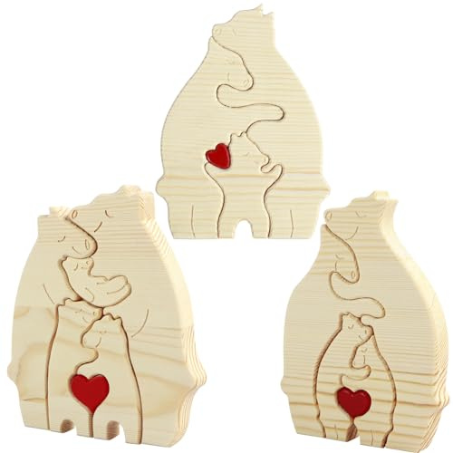 Deuson 3Pcs Wooden Bear Puzzle Decorative Bear Family Wooden Puzzle Creative Wooden Bear Jigsaw Puzzle Personalized Bear Family Wooden Art Puzzle DIY Family Wood Love Puzzle for Gift Home Deco
