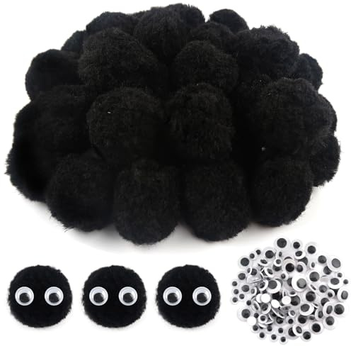 TOAOB 50 Piezas Pompones Grandes y Esponjosos de 4 cm Bolas de Fieltro Negras con 100 Ojos Móviles Negros Para Decoraciones Manualidades Creativas y Decoraciones Bricolaje
