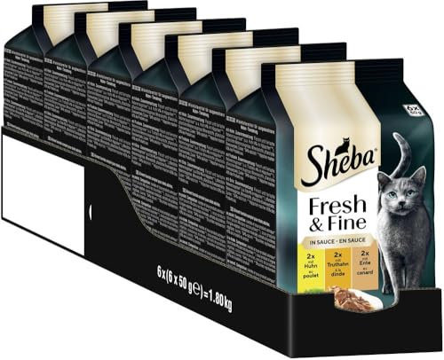 Sheba Portionsbeutel Katzennassfutter Multipack Fresh & Fine in Sauce mit Huhn und Truthahn, 6x6x50g - Leckeres Katzenfutter in Sauce für verwöhnte Katzen