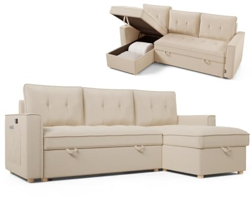Nalui - Sofa Cama Chaise Longue Haven 213x129x81cm Reversible con Arcón de 127,6L. Sofa de Salon 3 Plazas Convertible en Cama de 122 x 190 cm. Incluye Bolsillos y Tejido 360º, Beige