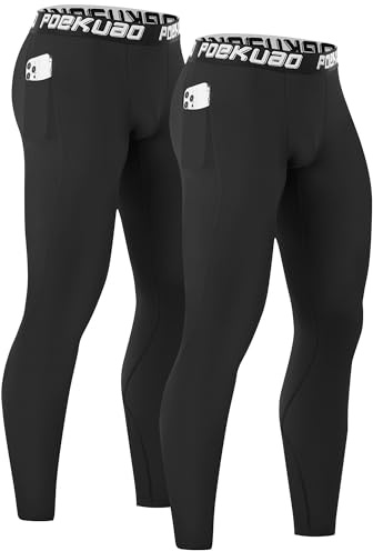 Poekuao 2 Pack Mens Running Tights Sports Workout Leggings with Pockets Breathable Athletic Base Layer for Gym Basketball Black/Black M