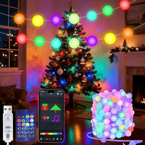GuKKK Guirnalda Luces, 15M 99 LED Cadena de Luces RGB Interior y Exterior,Alimentación por USB, Impermeable IP65, Control de APP/Control Remoto para Navidad Boda Jardines Festivales Pared (Esferas)