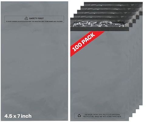 100-Pack Parcel Bags, Postage Bags, Mailing Bags (4.5 x 7 inch) Grey Shipping Bags with Self-Seal Closure, Waterproof | Tamper-Proof Packaging Bags for Mailing, Postage, Shipping & Delivery