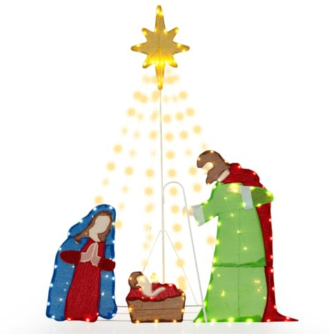 COSTWAY Christmas Nativity Set, Lighted Xmas Holy Family Scene with LED Lights, Zip Ties and Stakes, All-Weather Holiday Nativity Decoration (5.5FT, Multicolor)