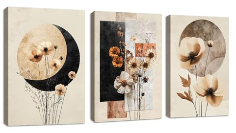 3 Pcs Beige Noir Géométrique Floral Impression Sur Toile Avec Cadre, Moderne Plantes Fleurs Tableau Decoration Murale Eucalyptus Feuille Affiche Peintures Decoration Chambre Maison Bureau 30x40cmx3