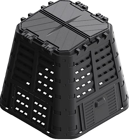 Compostiera da giardino da 480 l, compostiera termica in plastica, grande contenitore per rifiuti da giardino, con coperchio e porta scorrevole, 93,3 x 93,3 x 80 cm