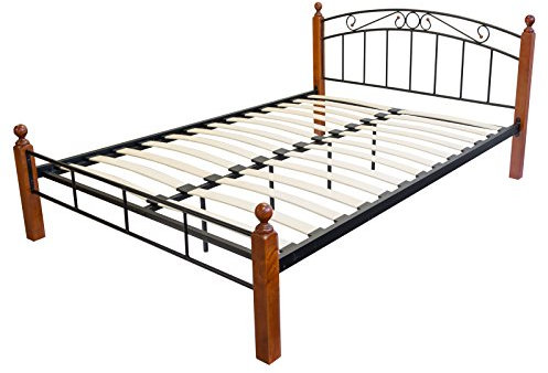 Homestyle4u 764, Metallbett 160 x 200 Mit Lattenrost, Bettgestell Metall, Pfosten Holz Braun