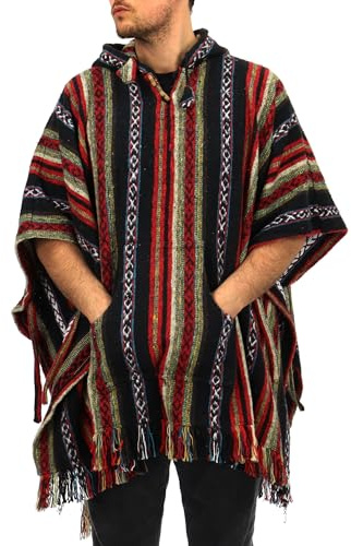 LOUDelephant 100% Woven Gheri Cotton Mexican Style Hooded Poncho - Black & Red