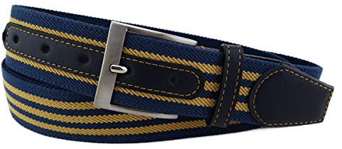 TigerTie hochwertiger Stretchgürtel mit Edelstahl Schnalle und echt Leder Applikationen in gelb ocker dunkelblau gestreift. Gürtelbreite 40 mm, Bundweite 90 cm