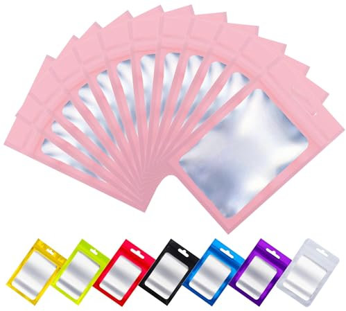 Rimiko 50 Pcs Sachets Zip Aluminium Refermables avec Fenêtre, Pochons Zip Hermétiques avec Trou de Suspension, Sachet Plastique Zip pour Emballage et Stockage des Aliments, Objets (Rose, 10,5 x 15 cm)