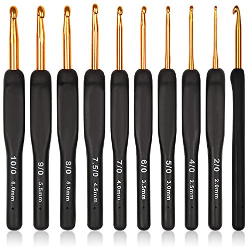 Coopay Häkelnadel Set, 9 Stück Klassisch Schwarz Häkelnadeln mit Goldener Aluminiumhaken, Ergonomische Häkelnadel mit Weich Griff für Häkel Garn DIY Craft, Ideal Häkelnadelset für Arthritische Hände