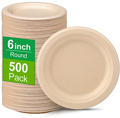 Greconv Paper Plates 6 inch, 500 Pack Small Paper Plates Bulk, 100% Compostable Plates Made from Sugarcane Fibers, Eco Friendly Disposable Plates for Dessert Cake, Brown