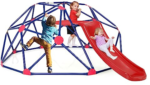 COSTWAY Dôme d'escalade de 241cm Enfant avec Toboggan, Cage d'escalade en Métal avec Coussin en Tissu, Charge Max 180kg, Aire de Jeux Extérieure Intérieure pour Garçons Filles de 3-10 Ans(Rouge)