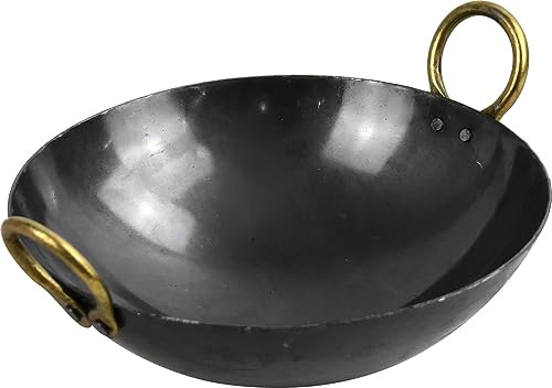 Catergold Iron Kadai Deep Frying Pan Traditional Kadhai for Cooking Indian Chinese Food Wok Pan Kitchen Tool for Families Multipurpose Hand Hammered Round Bottom Black (14 Inch)