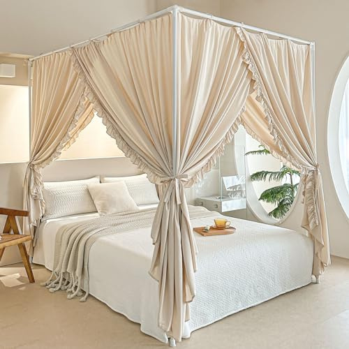 AIKASY Princess Canopy Bed Curtains with Top Ties - Windproof & Lightproof for Girls' Adult Bedroom Decor | Bed Canopy Drapes (Full,Khaki)