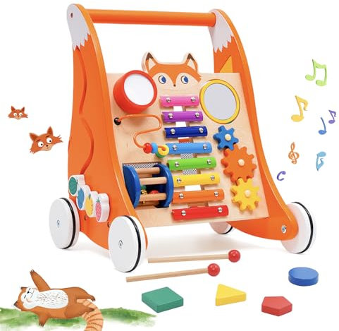 Chariot de Marche en Bois pour Jeunes Enfants, Trotteur Multifonctionnel avec Plateau de Jeu et Musique, Activity Center avec Jouets en Bois, Apprendre à Marcher