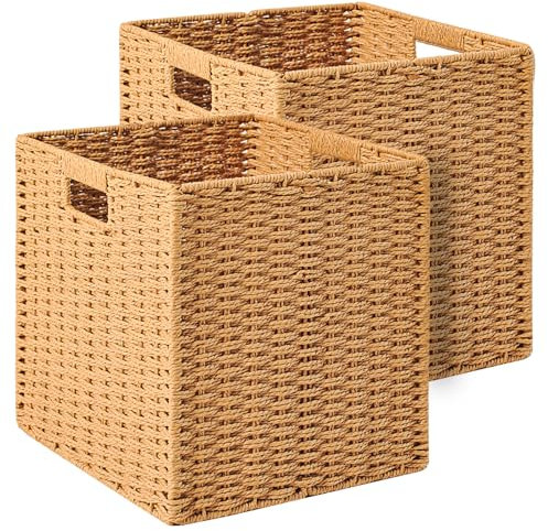 ICERZCZ Wicker Storage Cube Bins for Shelves Closet, Paper Rope Woven Baskets for Storage, Cube Storage Organizer Bin, 11x10.25x11, 2 Packs, Yellow