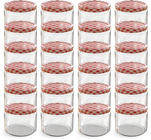Oputec Lot de 24 bocaux de 282 ml avec couvercles à visser rouges à carreaux – Parfaits pour les confitures, les confitures et plus encore, petits bocaux avec couvercle, parfaits comme pots à