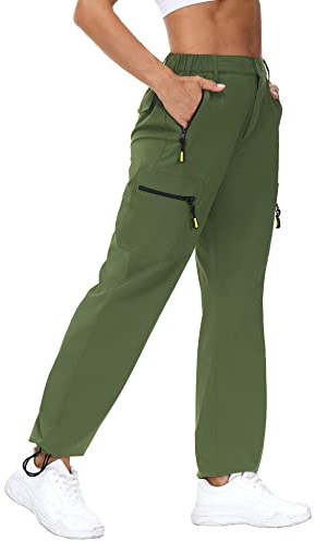 Rapbin Pantalones cargo para mujer de senderismo y caminata 2025, ligeros, de secado rápido, resistentes al agua, con bolsillos con cremallera para exterior, Ejercito Verde, L