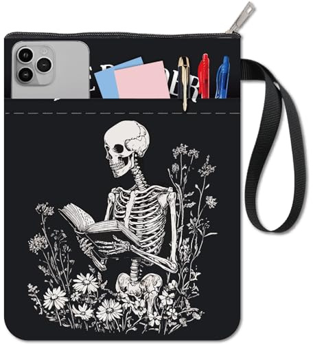 CRASPIRE Copertina per Libro A Forma di Teschio Custodia per Libro di Halloween in Tessuto Lavabile Impermeabile per Feste Quaderno con Scheletro Spettrale Tasca Protettiva con Cerniera e Tasca Extra