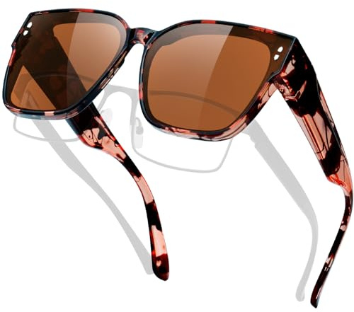 KANASTAL Cubre Gafas de Sol Carey Marrones Superpuestas Leopardo Mujer Polarizadas Hombre Sobregafas Anchas Pasear UV400 Fit Over Sunglasses - Lentes Marron y Montura Leopardo