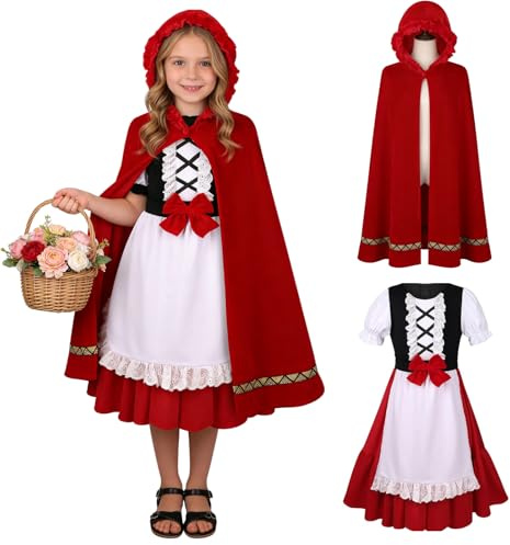 HAPNBCELE Little Red Riding Hood Costume for Girls, Storybook Character World Book Day Halloween Birthday Party 4-14 Years (Long Cape Suit, 7-9 Years)