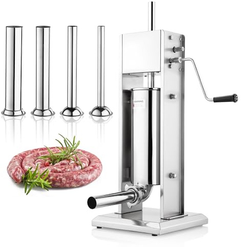 YODHOSA Manual Sausage Stuffer,Vertical Sausage Stuffing Maker,Food-Grade 304 Stainless Steel Sausage Casing Meat Filling Machine with 4 Stuffing Tubes for Home & Commercial Use,5L/11 Lbs