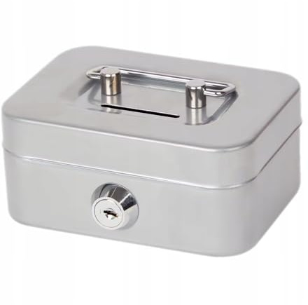 Elegante caja de caudales de acero, con cerradura, pequeña caja fuerte, con llave, para monedas y billetes (plateada)