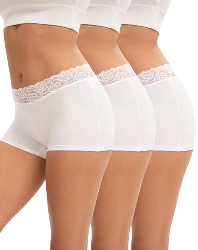 INNERSY Boxer Shorts Women Ladies Boxers Underwear Boyshorts Panties 3 Pack | Soft Cotton Boyshort Knickers, Mid Rise Pants, Delicate Lace Waistband, Tag-free Hipster, Under Dresses/Skirts, Daily Wear