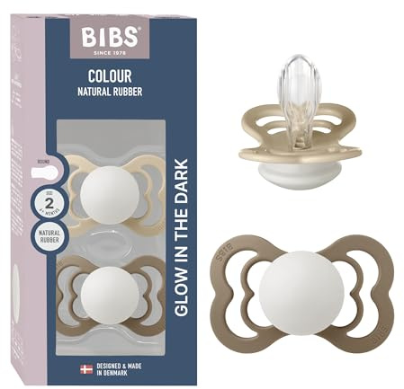 BIBS Supreme Glow Dummy, 6-18 Months, 2-Pack, Vanilla Glow/Dark Oak Glow | Symmetrical Silicone Teat | Size 2 | BPA-Free | Made in Denmark | Glow Handle | High Teat Acceptance | Airflow Holes