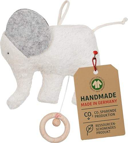 Efie Bio-Spieluhr Elefant – handgefertigt in Deutschland – 100 % Baumwolle (KBA) – Füllung: Schurwolle (kbT) – GOTS Zertifiziert - Verschiedene Melodien – Babyspielzeug ab Geburt
